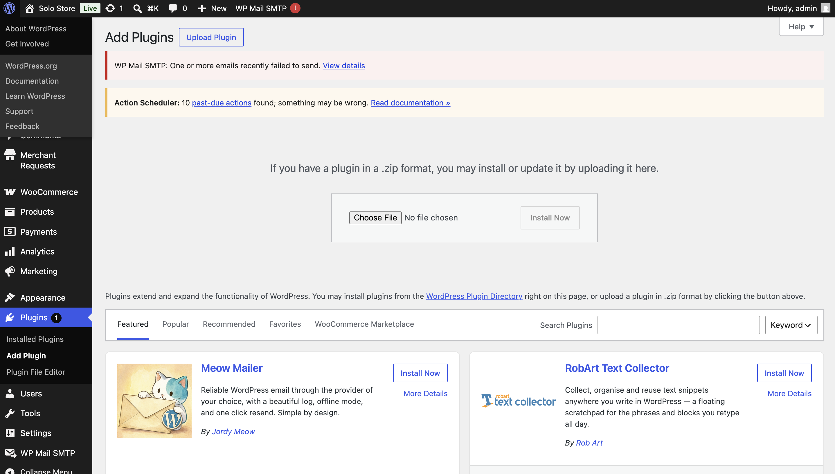 Upload the SoloPay plugin ZIP in Plugins → Add New → Upload Plugin