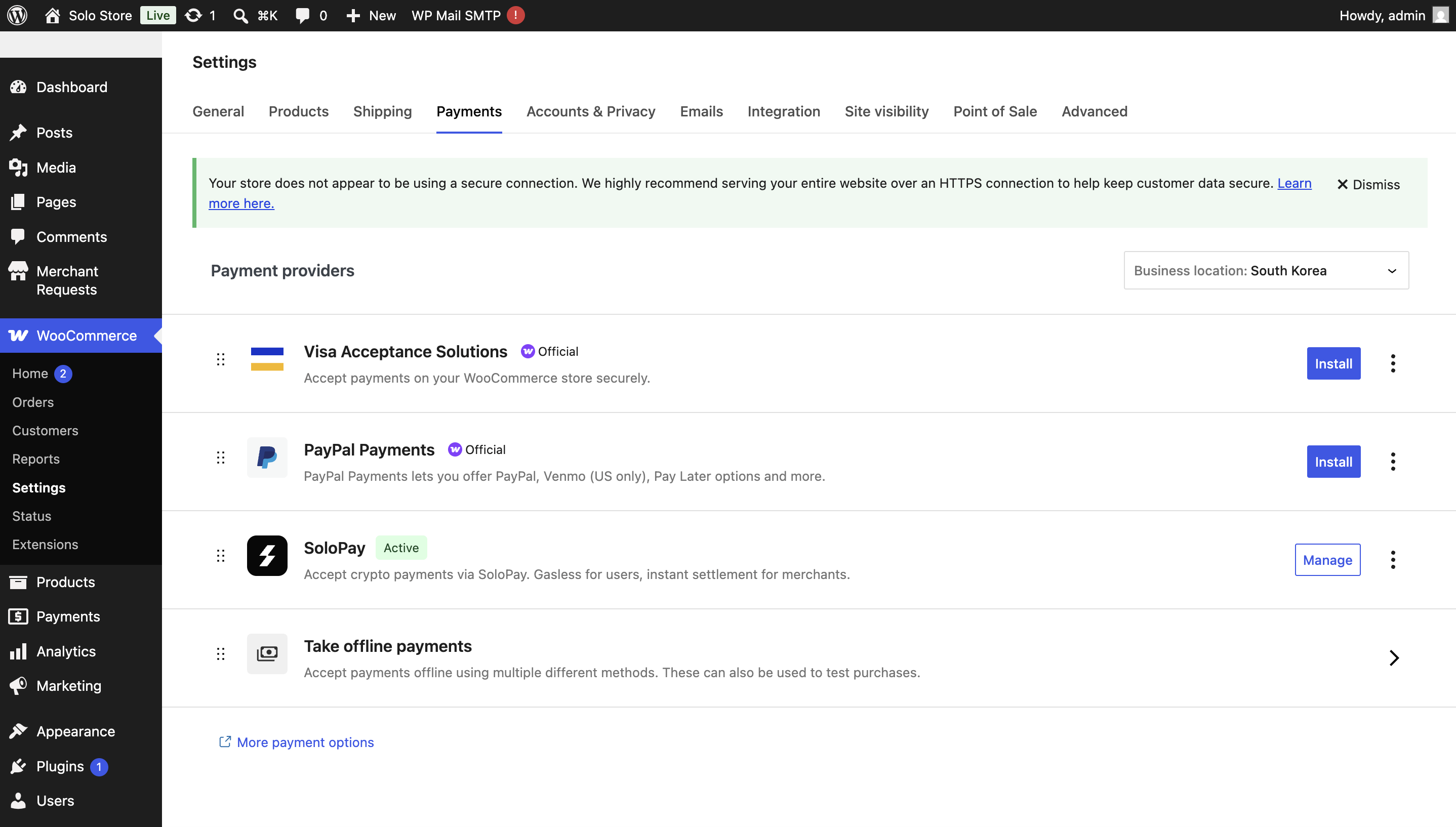 WooCommerce → Settings → Payments with the SoloPay method enabled