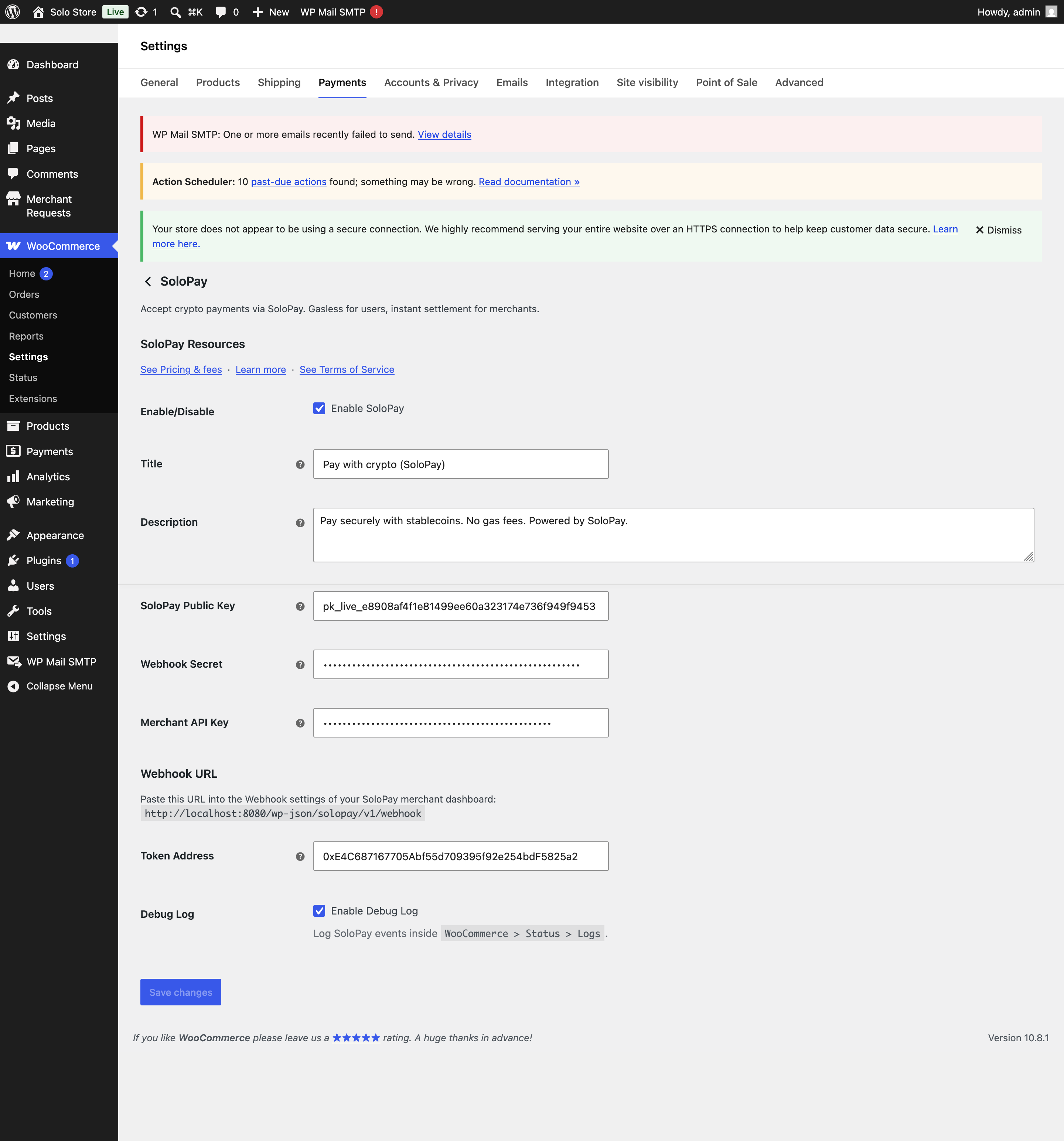 SoloPay settings screen with credentials and token address fields