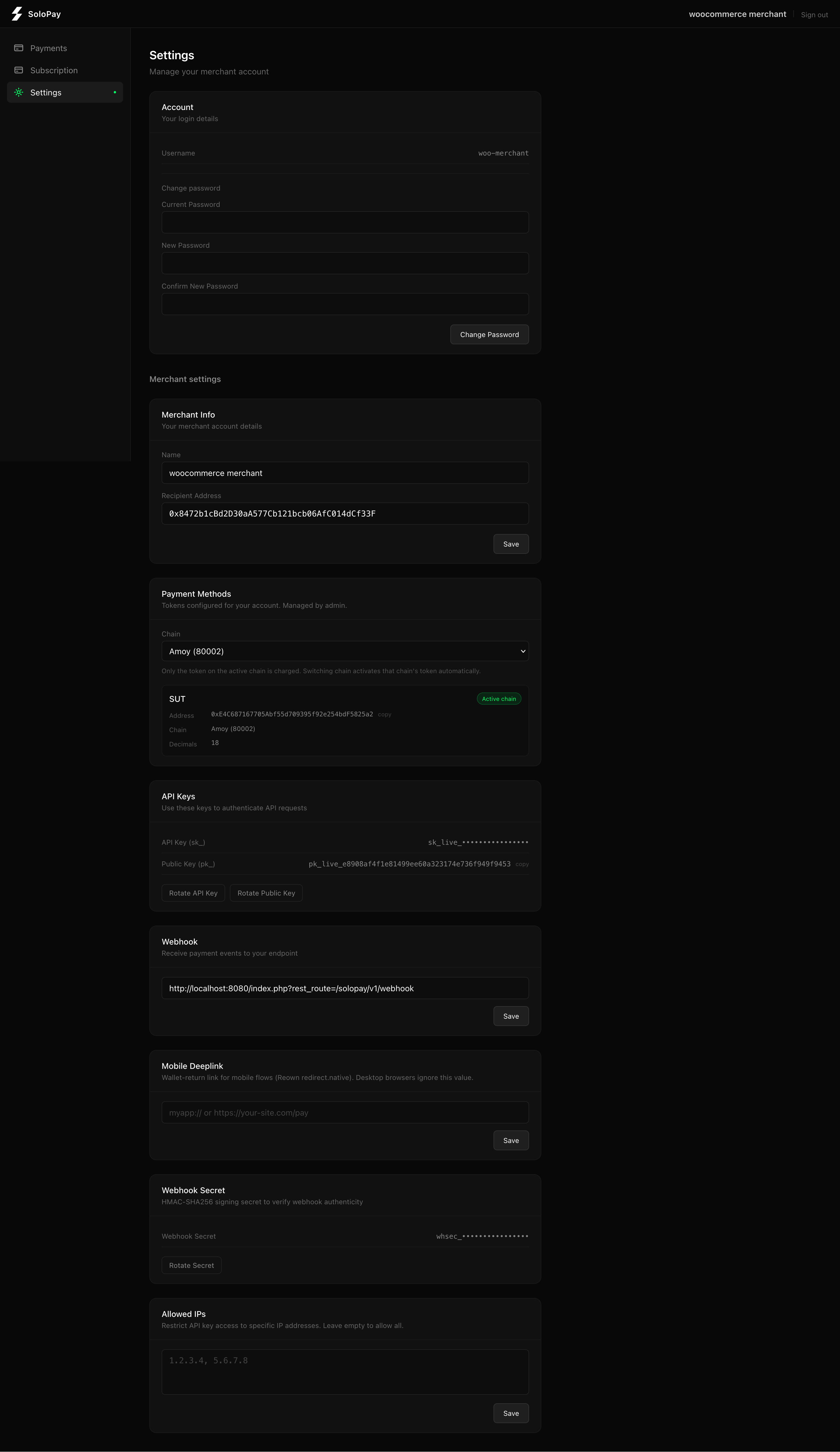 SoloPay dashboard Webhooks settings, paste the store webhook URL