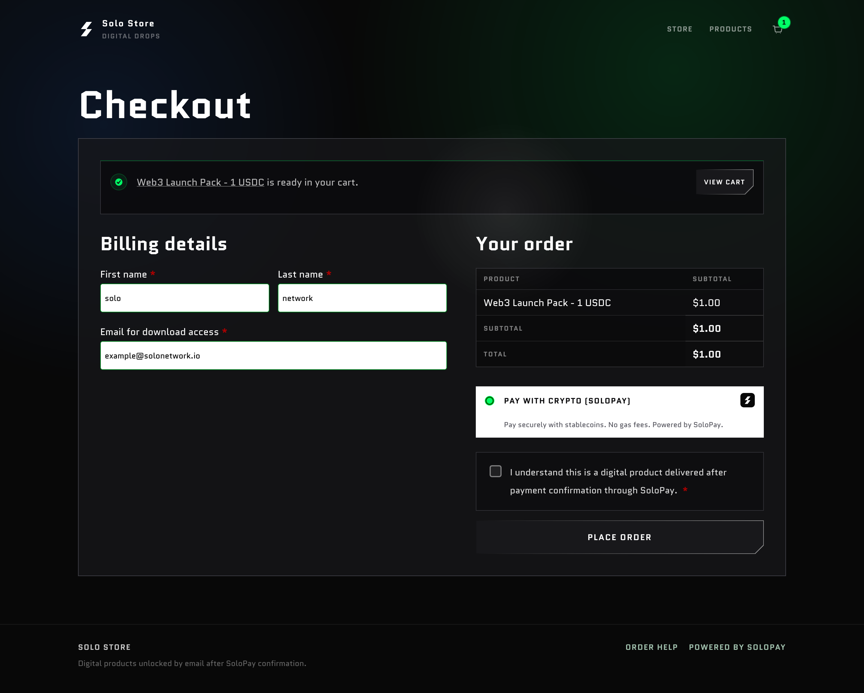 Storefront checkout with SoloPay selected as the payment method