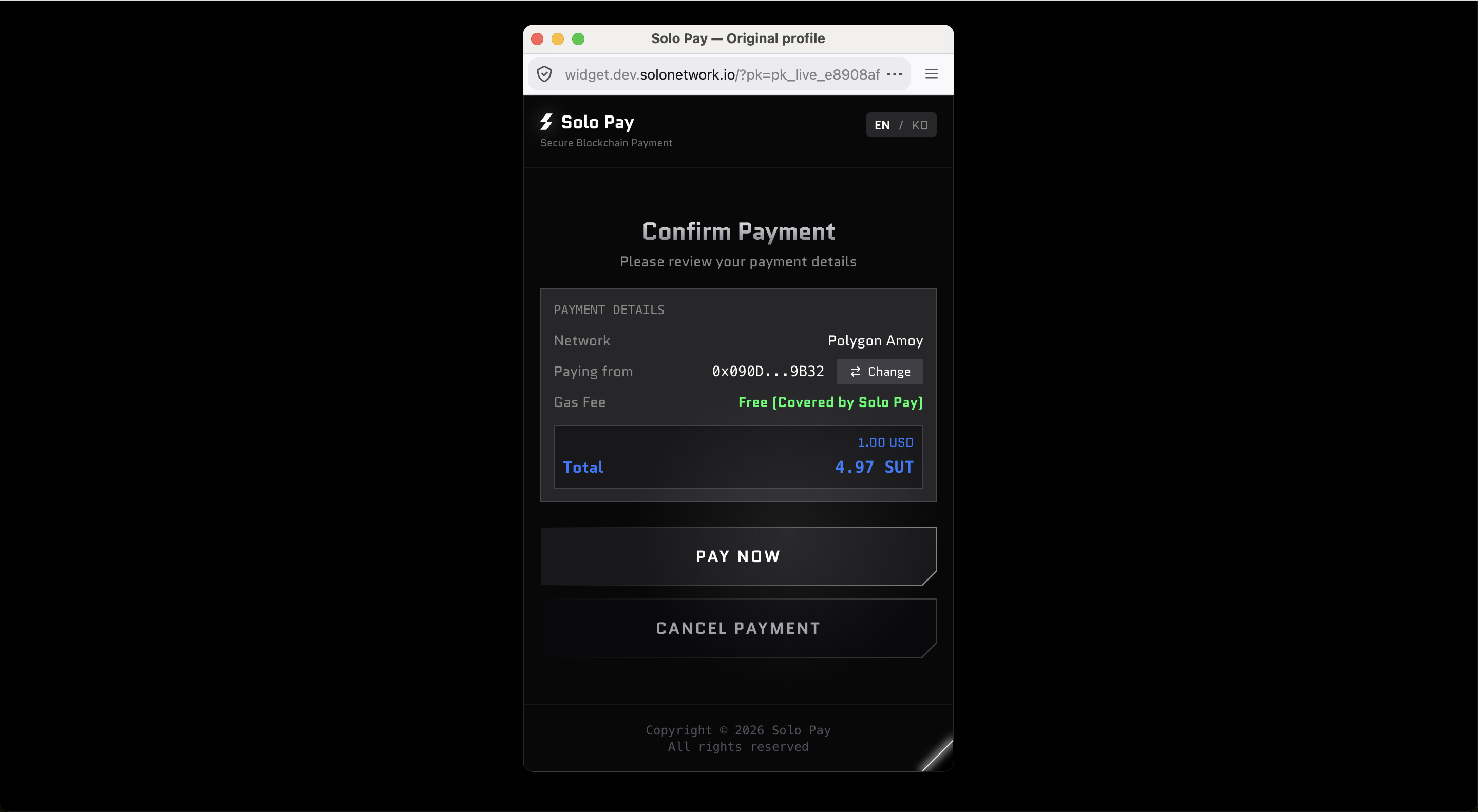 Hosted SoloPay payment page with the pay button and widget